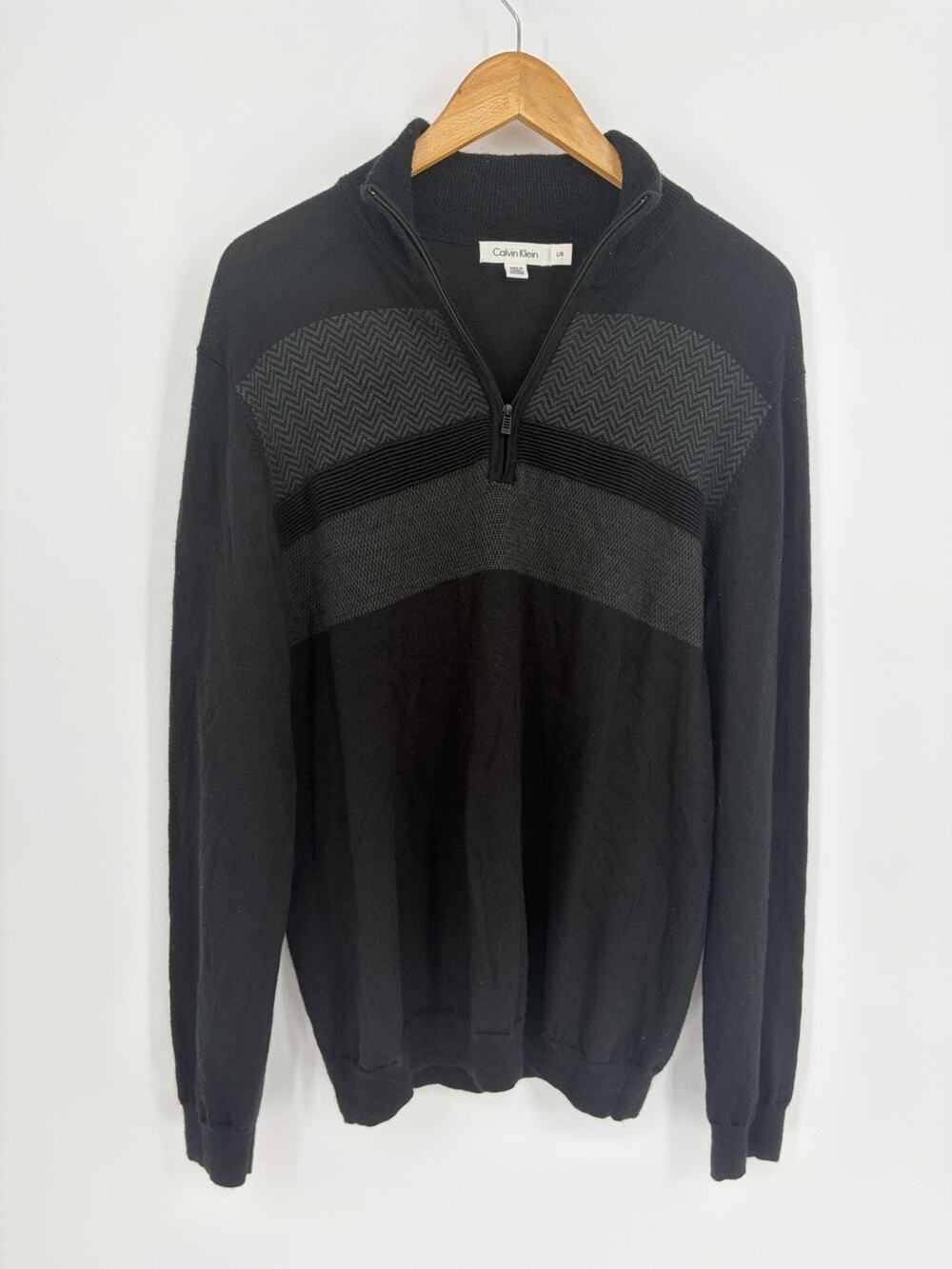 Calvin Klein 1/4 Zip Sweater Large Black Gray Textured Colorblock Pullover